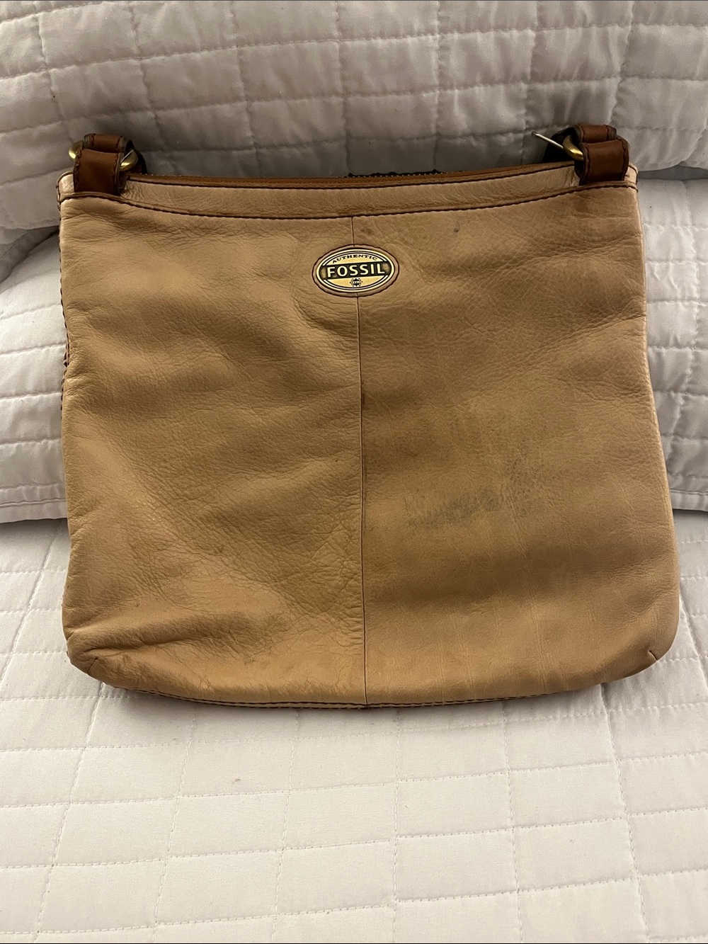 Fossil Tan Leather Shoulder/Crossbody Bag w/Large Zip Pockets & Adjustable Strap